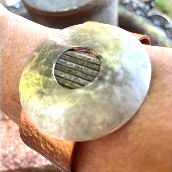 Blacksmiths Handcrafted Hammered Copper Cuff Bracelet Upcycled Vintage Silver - Picture 2 of 11
